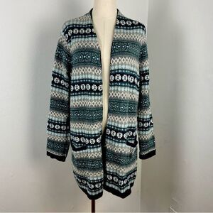 J Jill Womens Blue Green Teal‎ Fair Isle Nordic Cardigan Winter Medium Petite